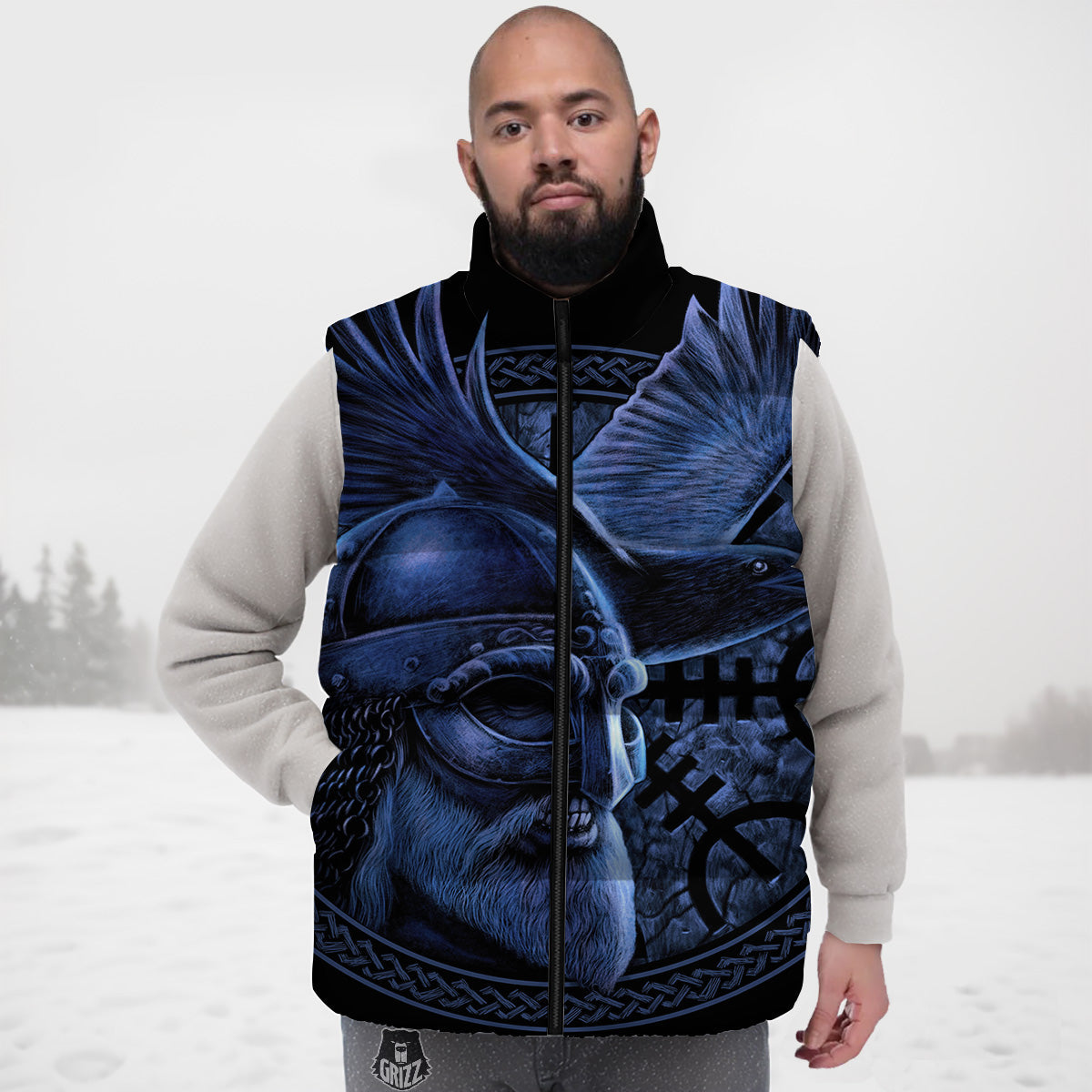 Viking God Odin And Crow Blue Print Down Vest