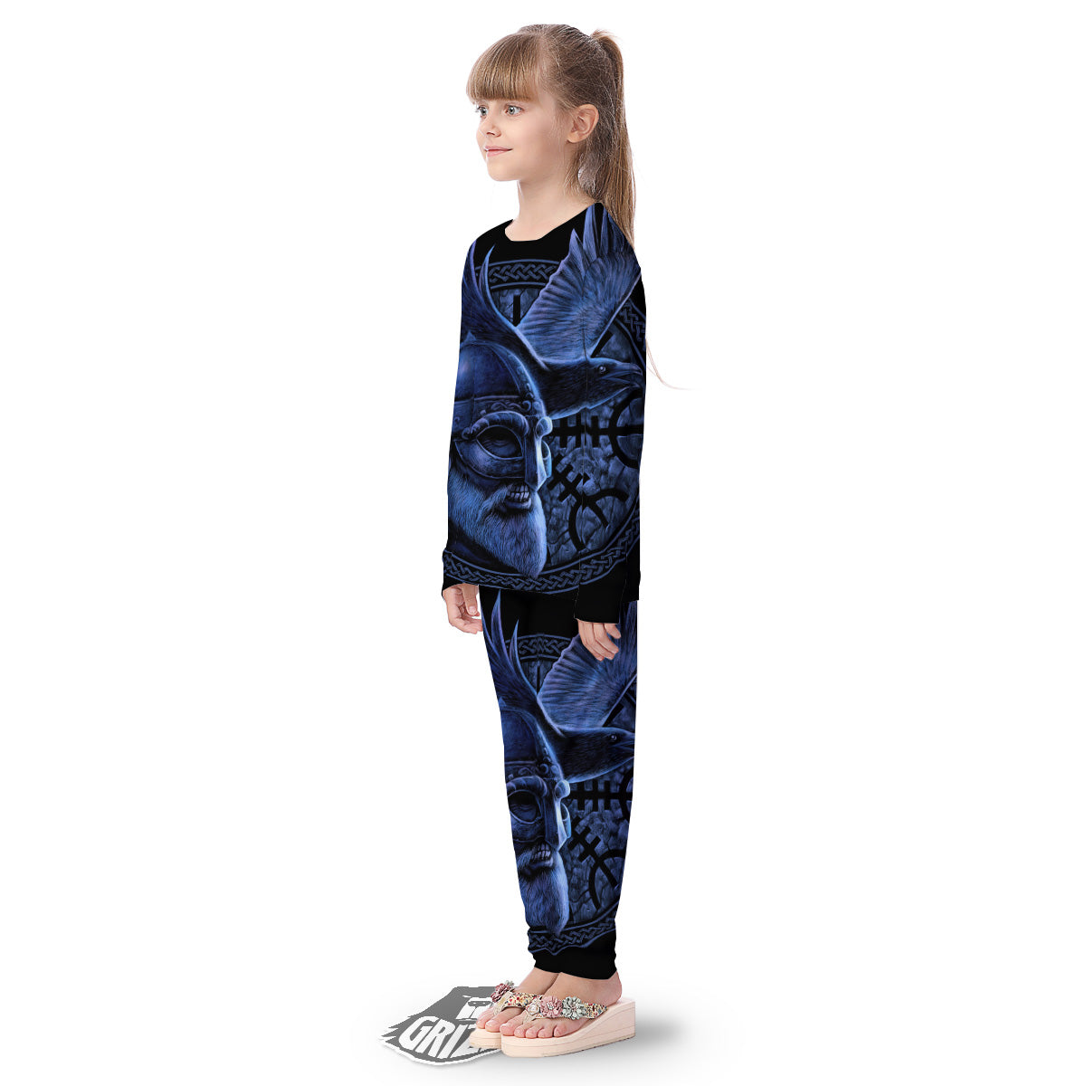 Viking God Odin And Crow Blue Print Kid's Pajamas-grizzshop
