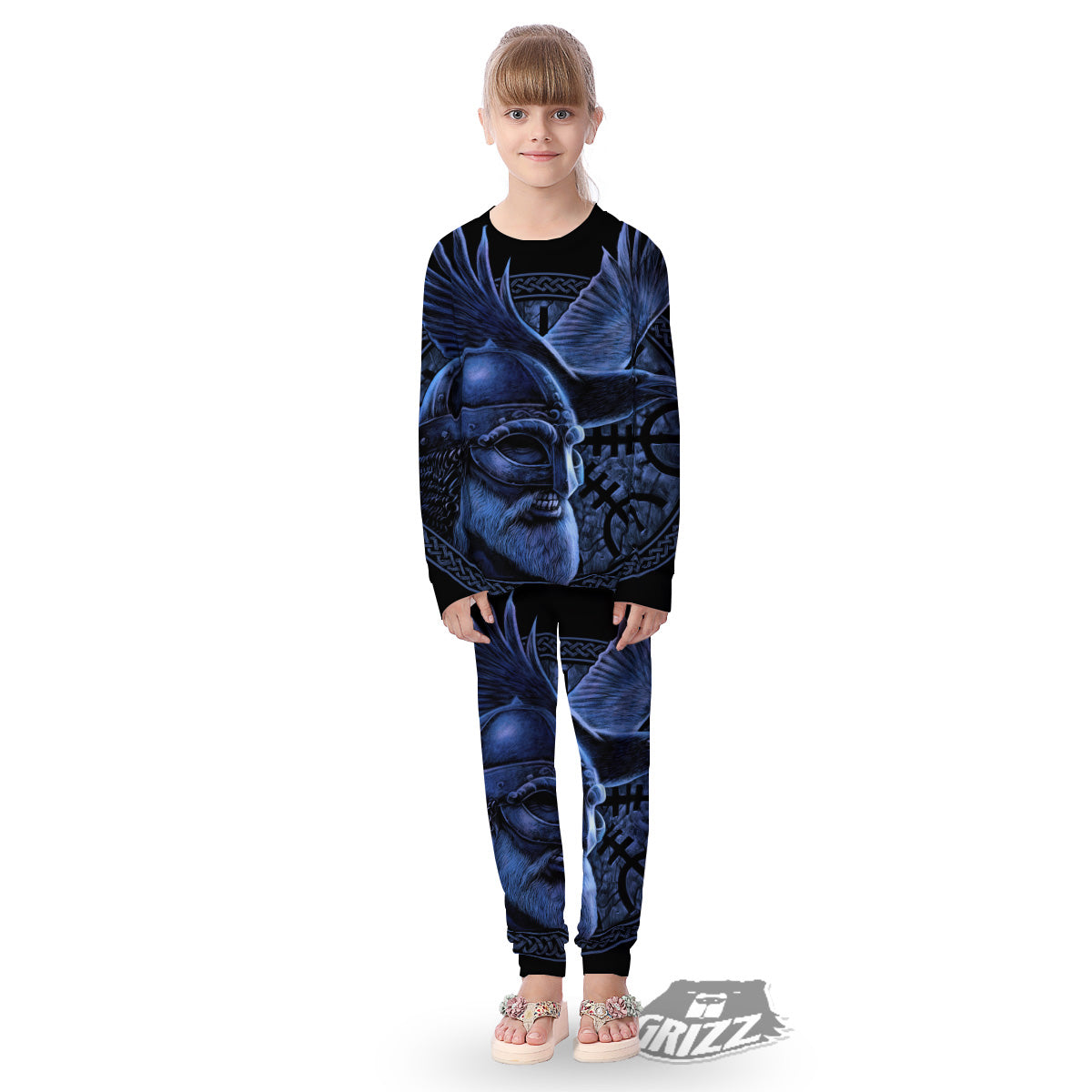 Viking God Odin And Crow Blue Print Kid's Pajamas-grizzshop