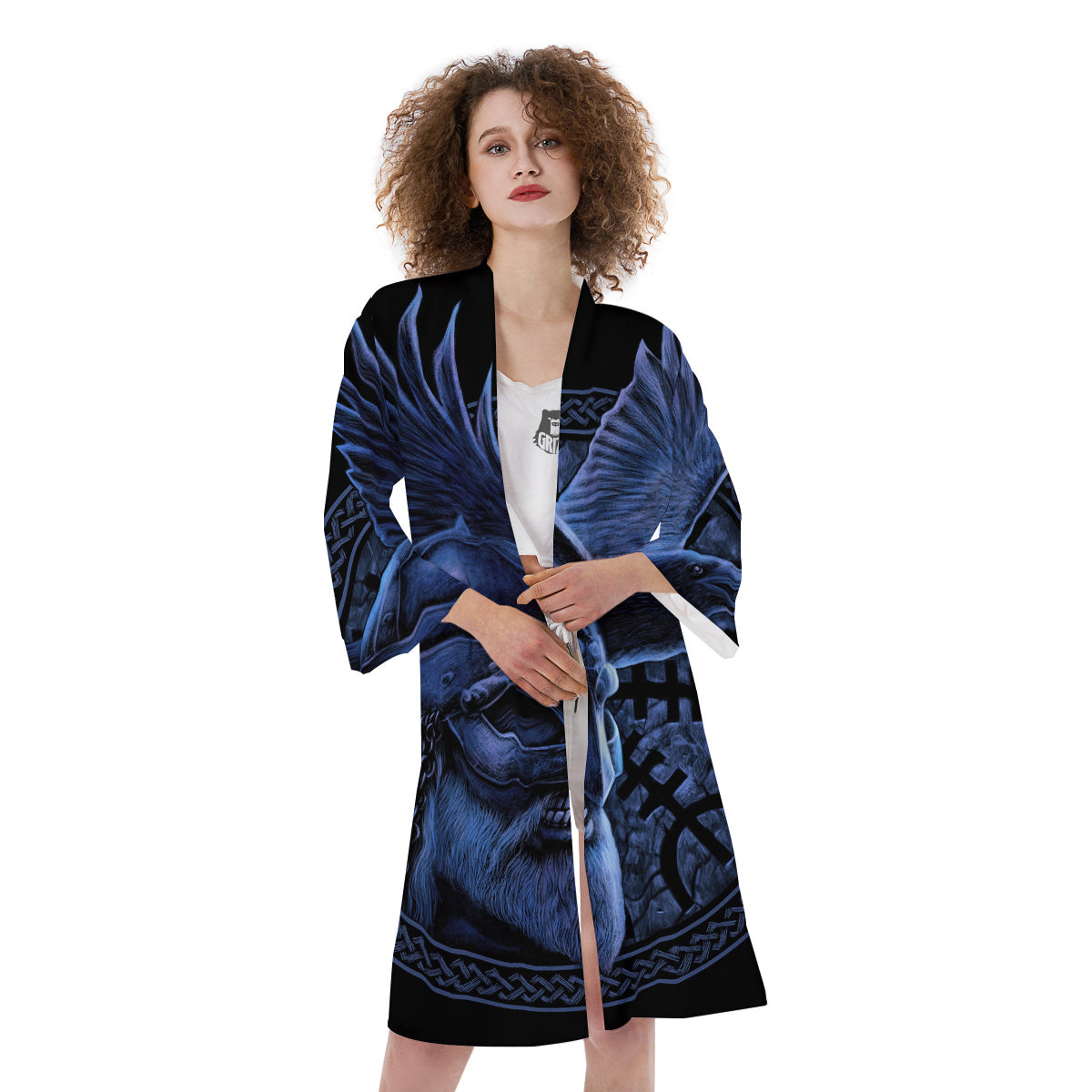 Viking God Odin And Crow Blue Print Kimono-grizzshop