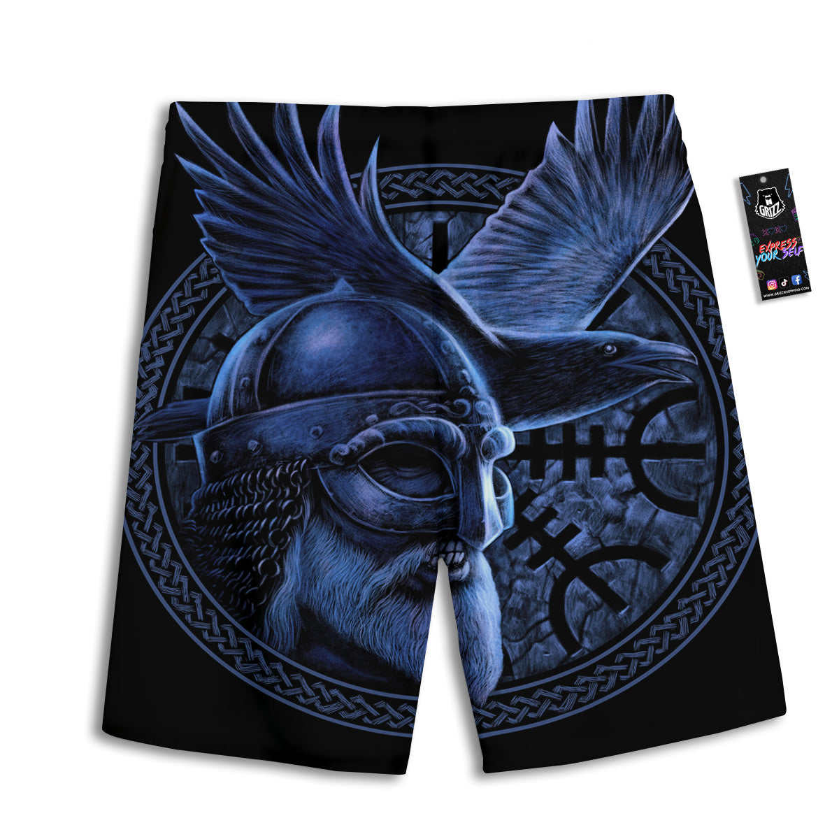 Viking God Odin And Crow Blue Print Men's Athletic Shorts