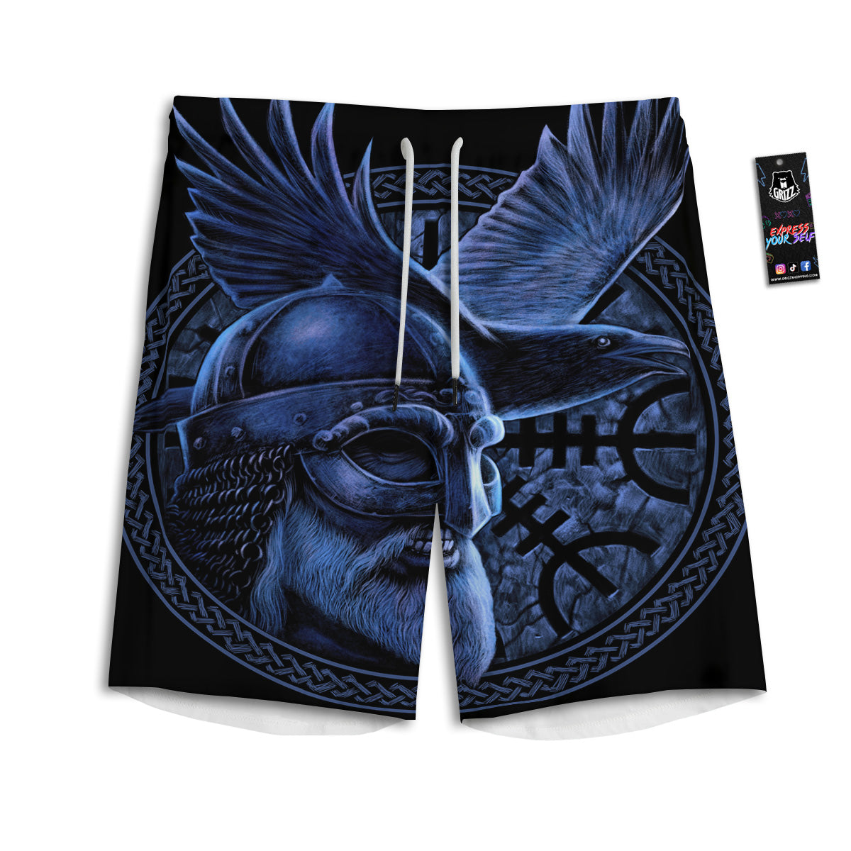 Viking God Odin And Crow Blue Print Men's Athletic Shorts