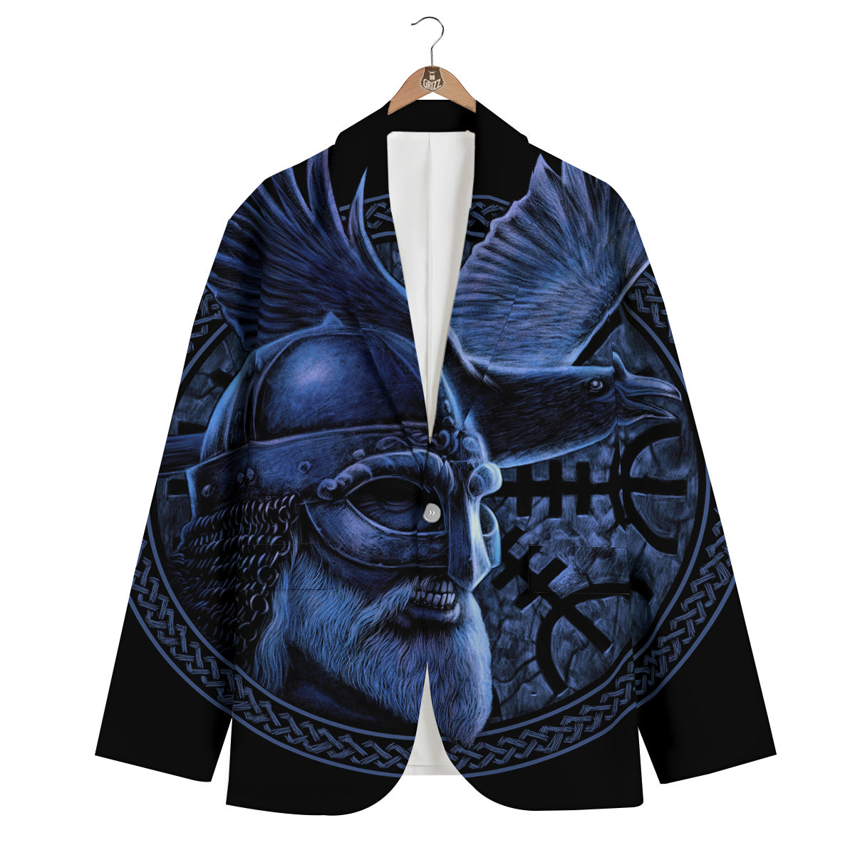 Viking God Odin And Crow Blue Print Men's Blazer-grizzshop