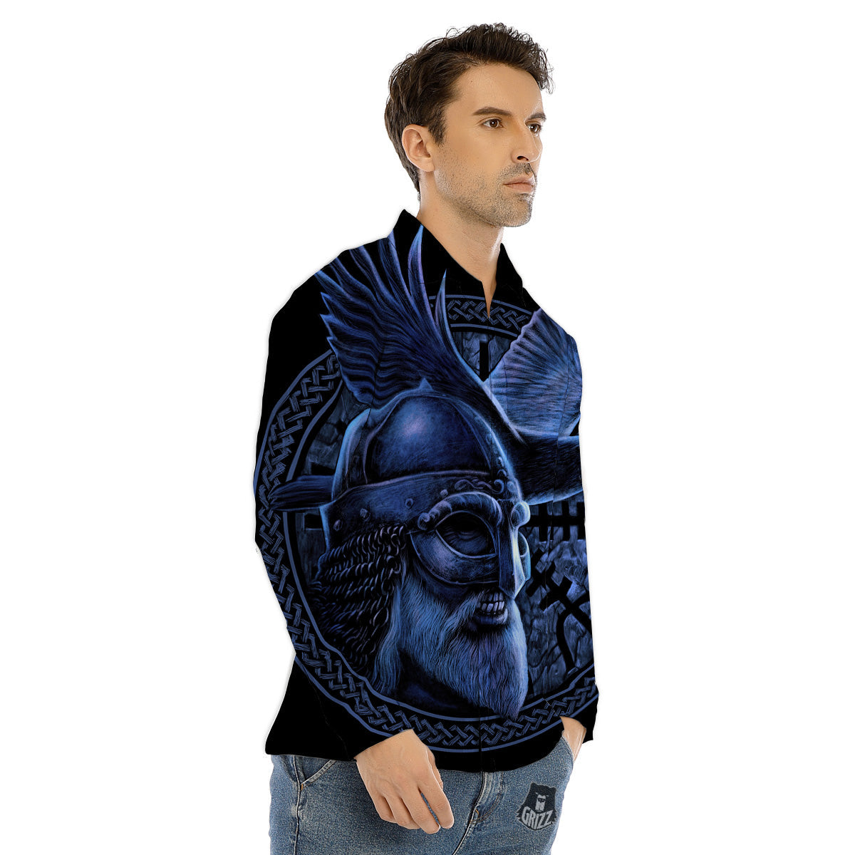 Viking God Odin And Crow Blue Print Men's Dress Shirts-grizzshop