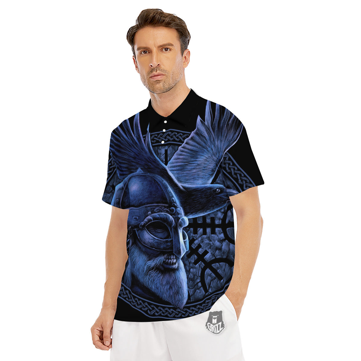 Viking God Odin And Crow Blue Print Men's Golf Shirts-grizzshop