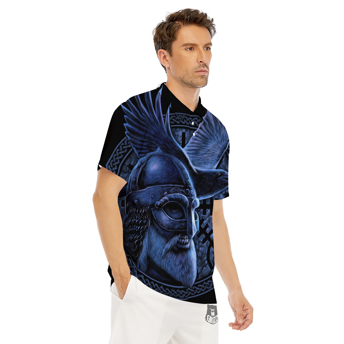Viking God Odin And Crow Blue Print Men's Golf Shirts-grizzshop