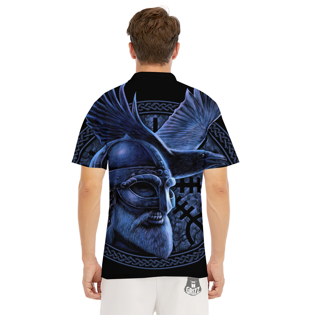 Viking God Odin And Crow Blue Print Men's Golf Shirts-grizzshop