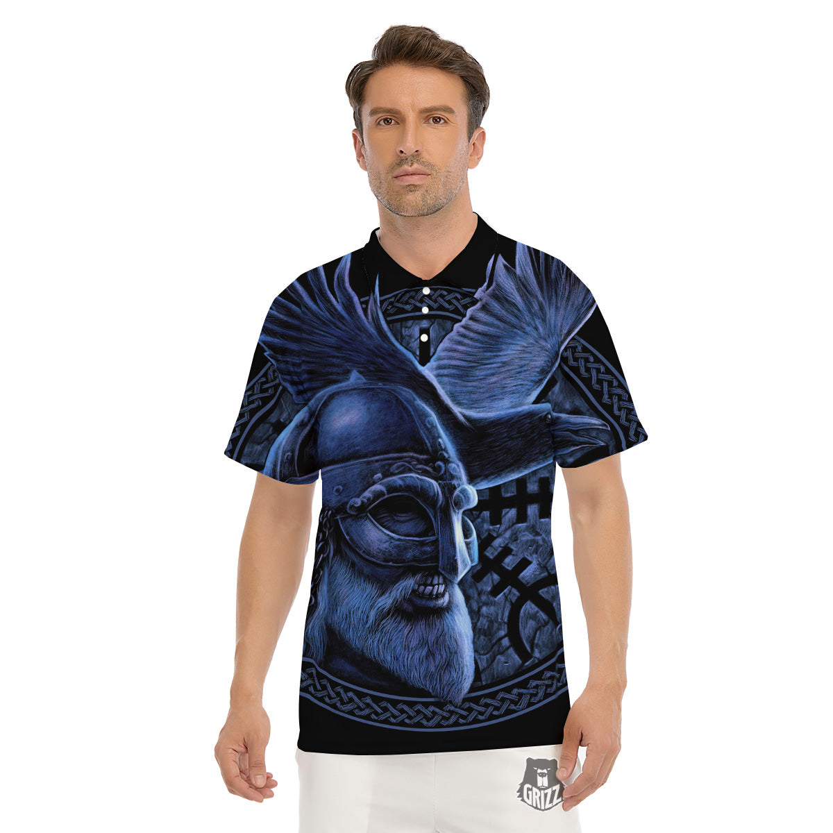 Viking God Odin And Crow Blue Print Men's Golf Shirts-grizzshop