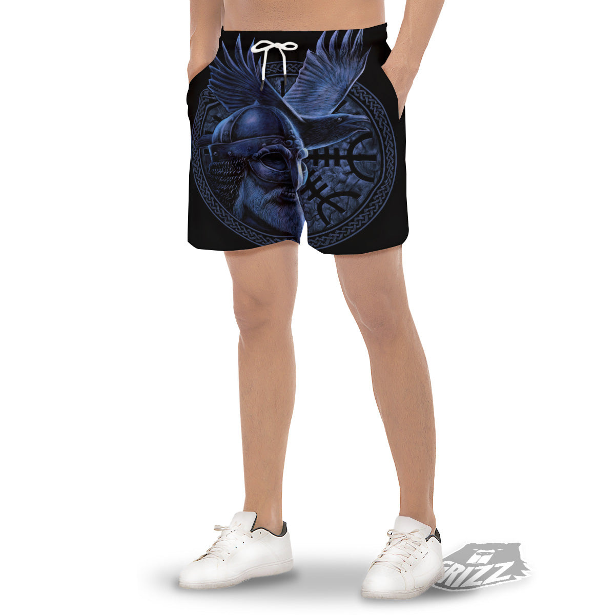 Viking God Odin And Crow Blue Print Men's Gym Shorts-grizzshop
