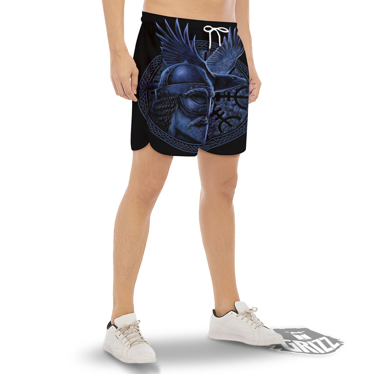 Viking God Odin And Crow Blue Print Men's Gym Shorts-grizzshop