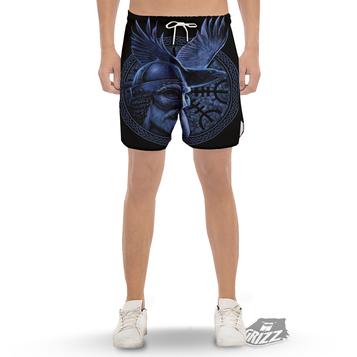 Viking God Odin And Crow Blue Print Men's Gym Shorts-grizzshop