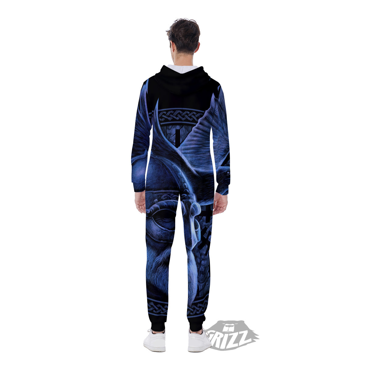 Viking God Odin And Crow Blue Print Men's Jumpsuit-grizzshop