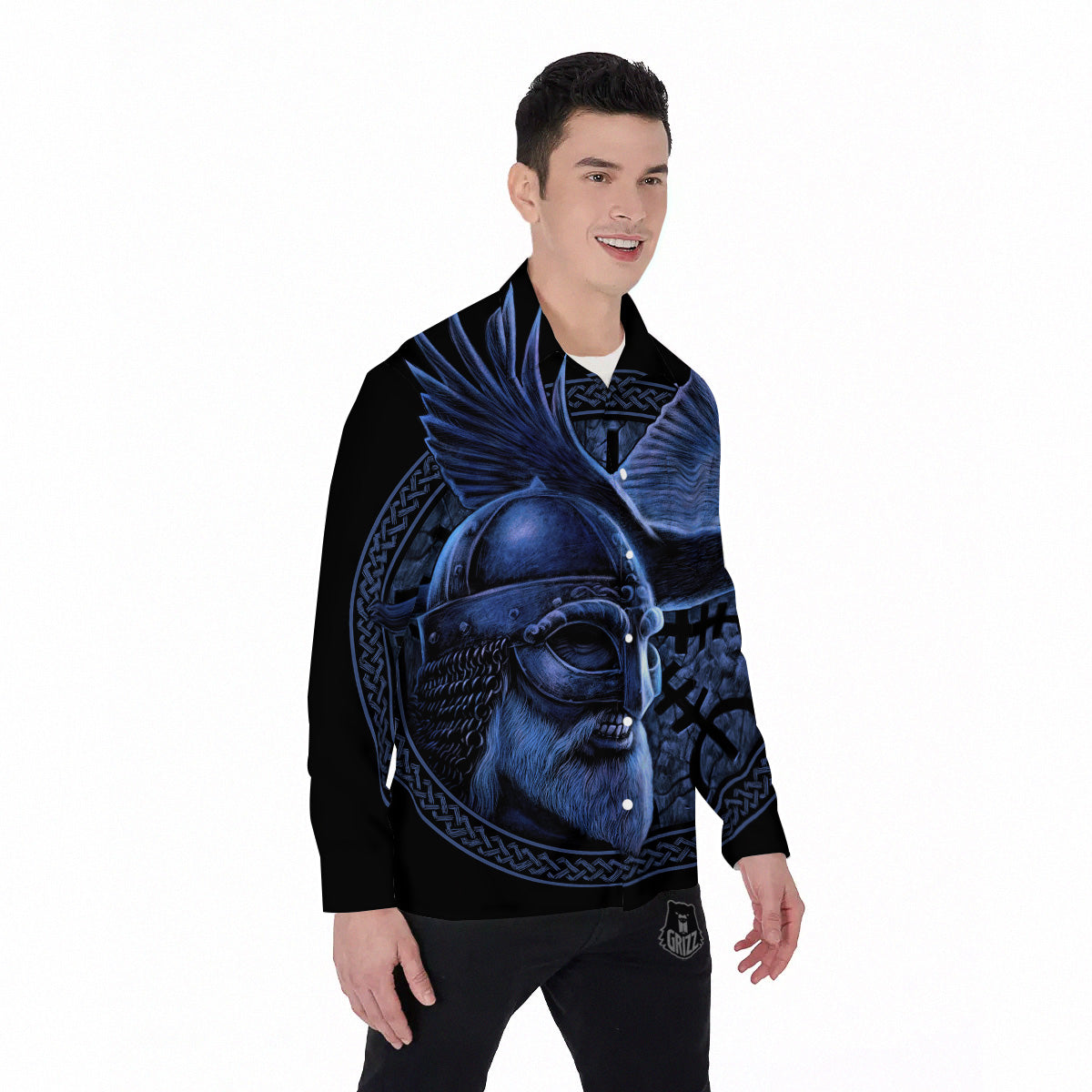 Viking God Odin And Crow Blue Print Men's Long Sleeve Shirts-grizzshop