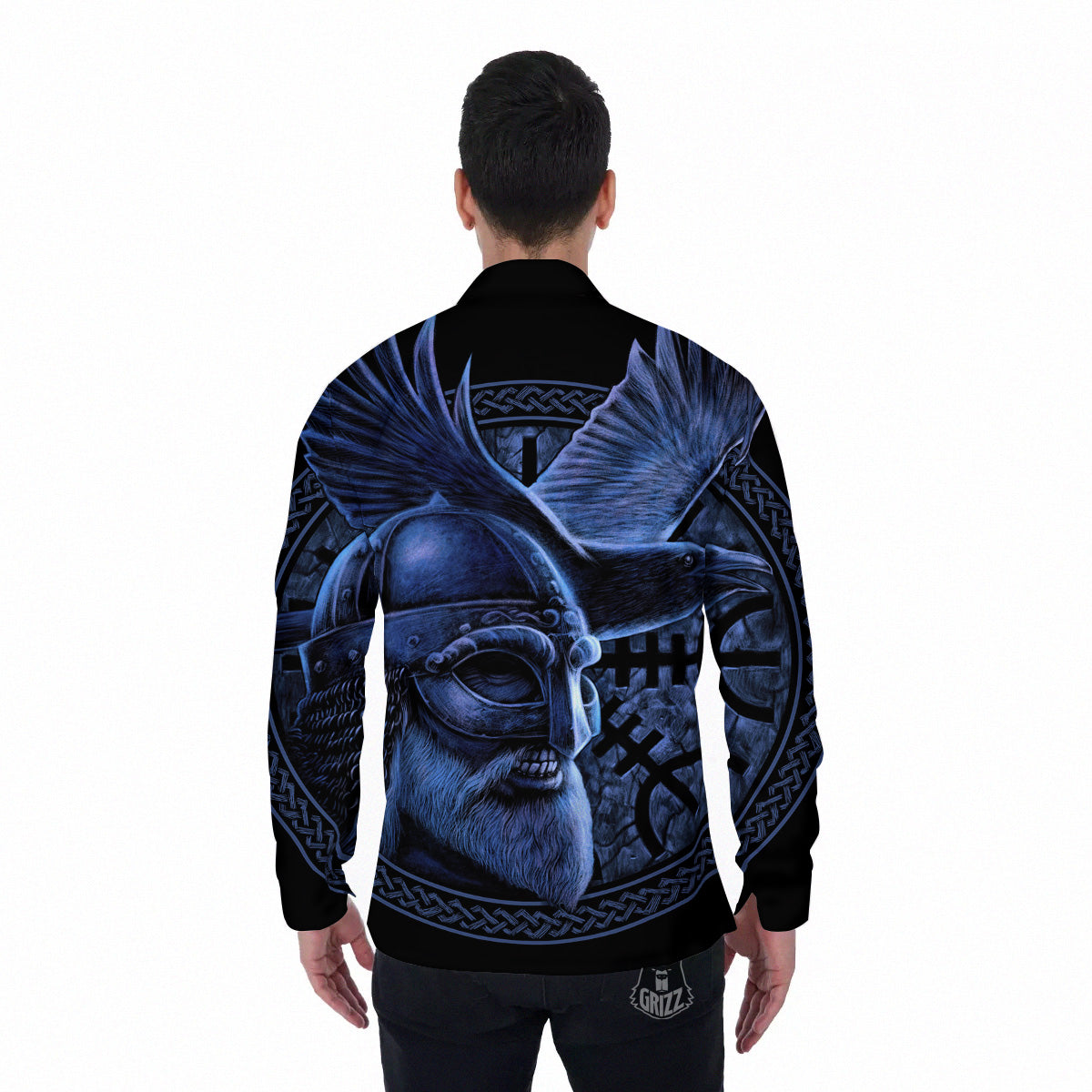 Viking God Odin And Crow Blue Print Men's Long Sleeve Shirts-grizzshop
