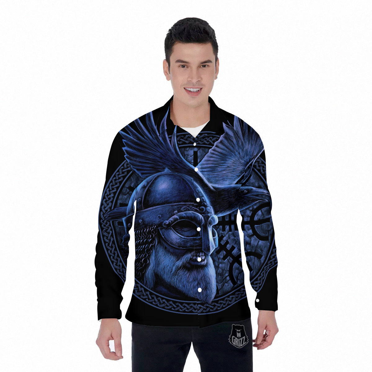 Viking God Odin And Crow Blue Print Men's Long Sleeve Shirts-grizzshop