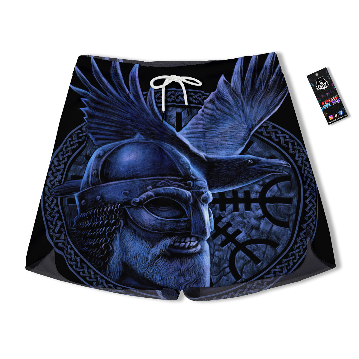 Viking God Odin And Crow Blue Print Men's Running Shorts-grizzshop
