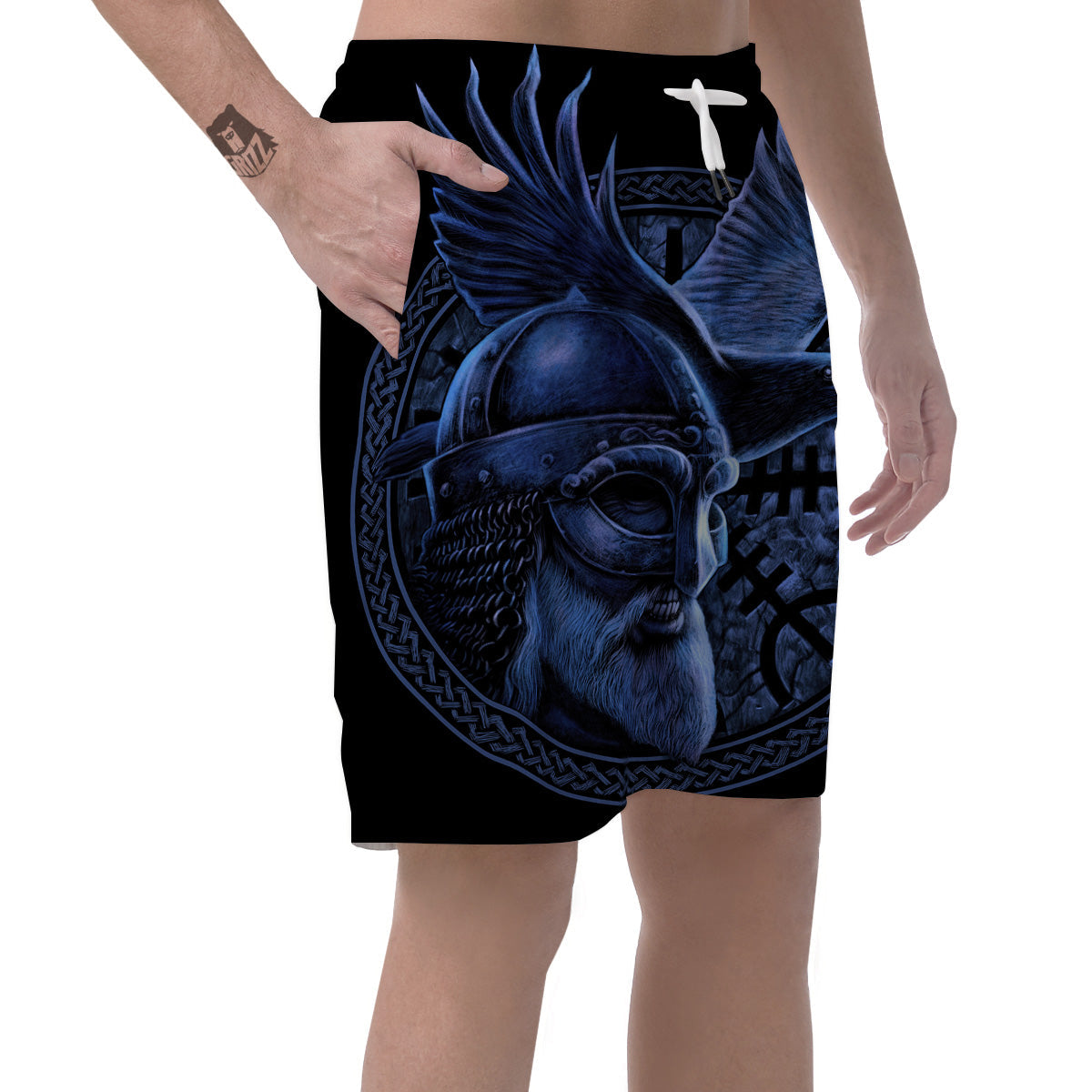 Viking God Odin And Crow Blue Print Men's Shorts-grizzshop