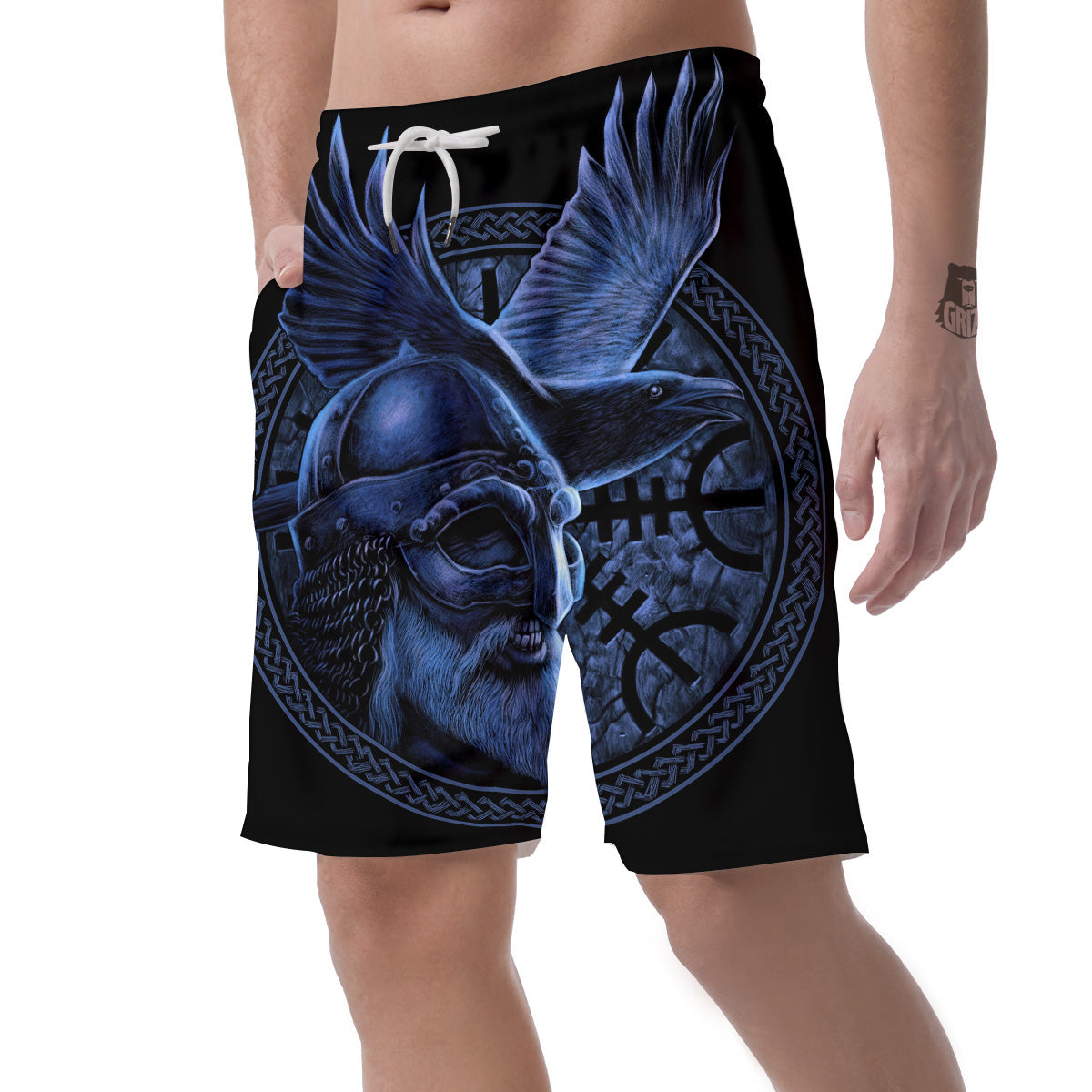 Viking God Odin And Crow Blue Print Men's Shorts-grizzshop