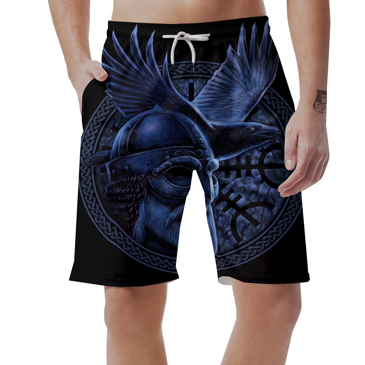 Viking God Odin And Crow Blue Print Men's Shorts-grizzshop