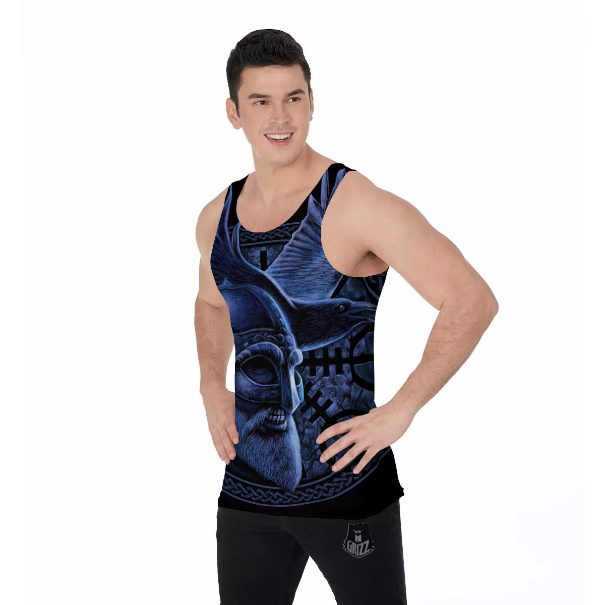 Viking God Odin And Crow Blue Print Men's Tank Top-grizzshop