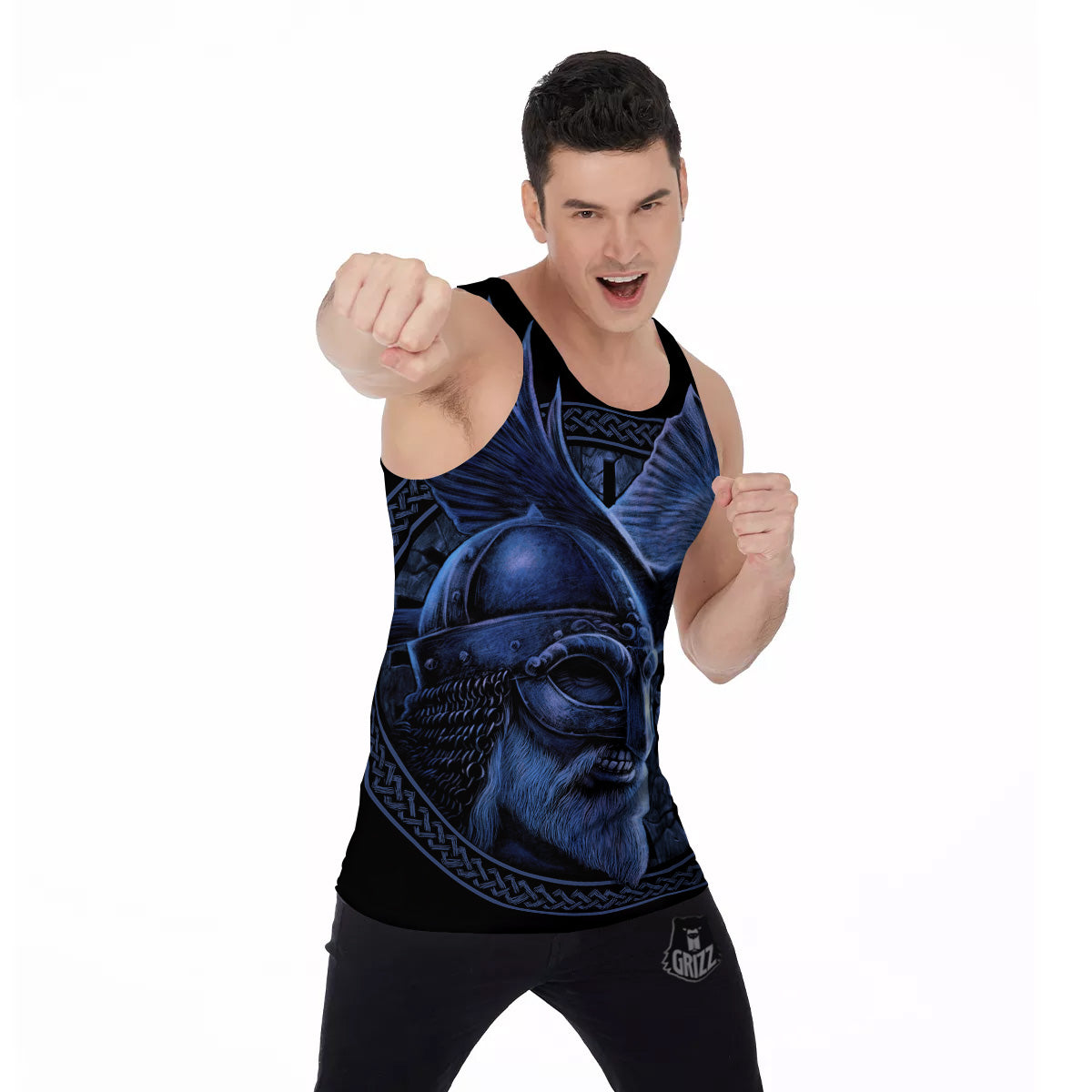 Viking God Odin And Crow Blue Print Men's Tank Top-grizzshop
