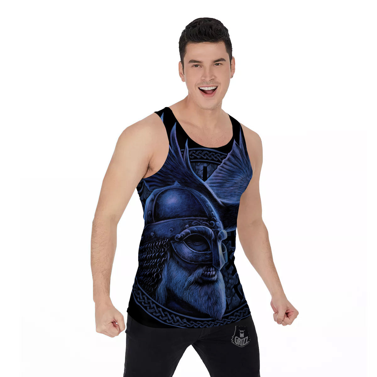 Viking God Odin And Crow Blue Print Men's Tank Top-grizzshop