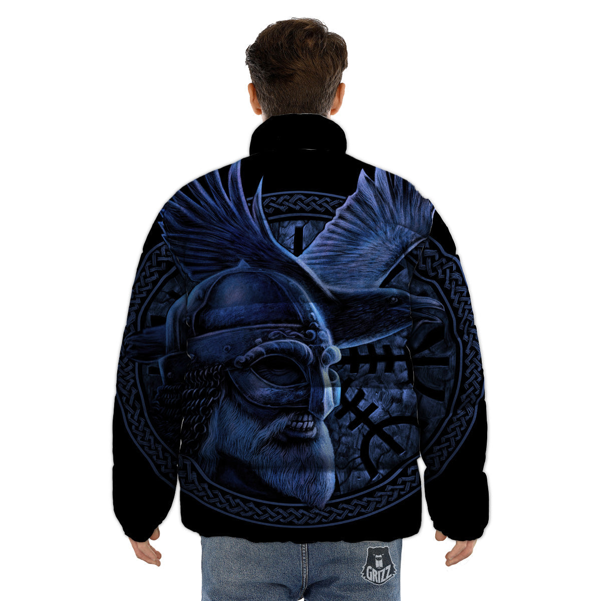 Viking God Odin And Crow Blue Print Puffer Jacket-grizzshop