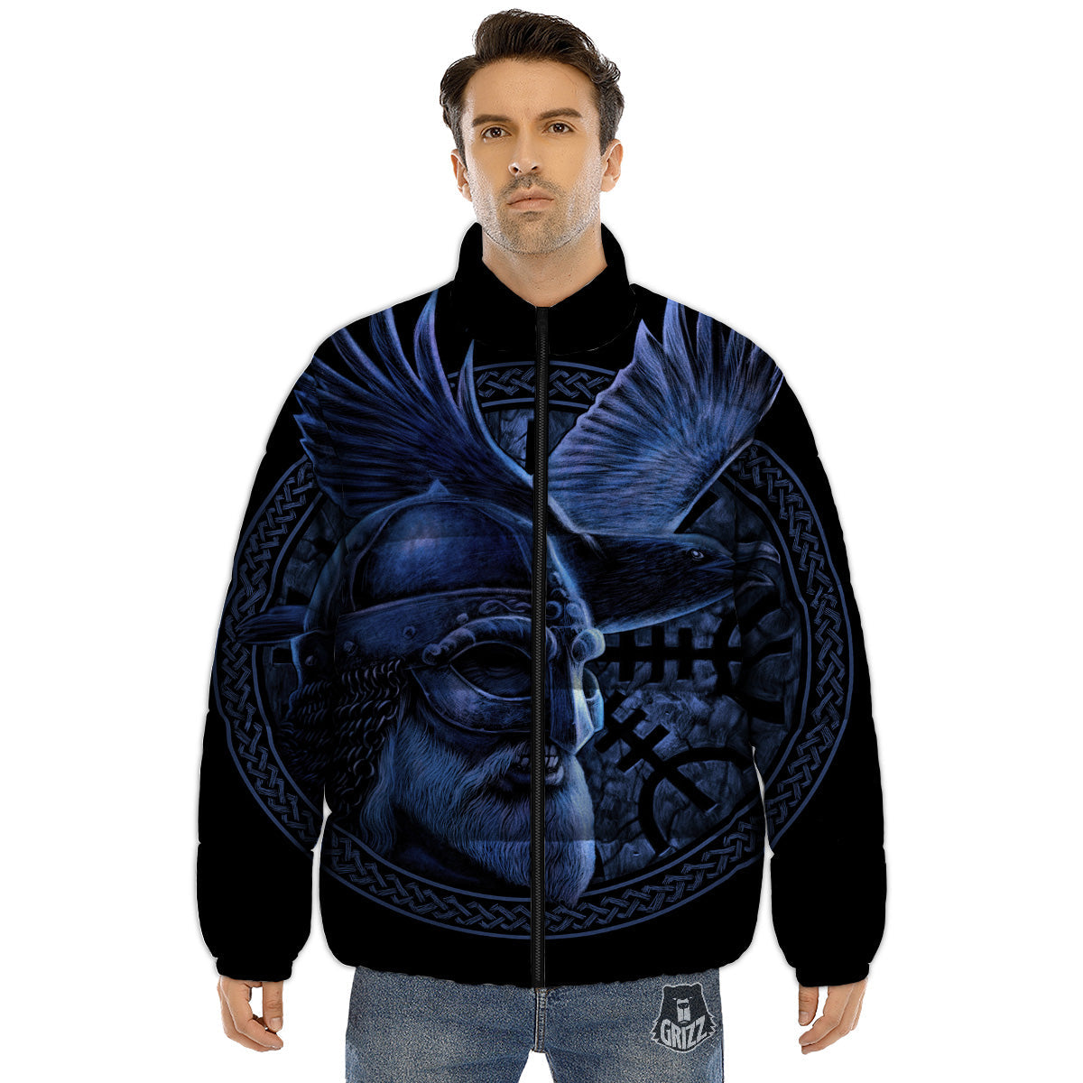 Viking God Odin And Crow Blue Print Puffer Jacket-grizzshop