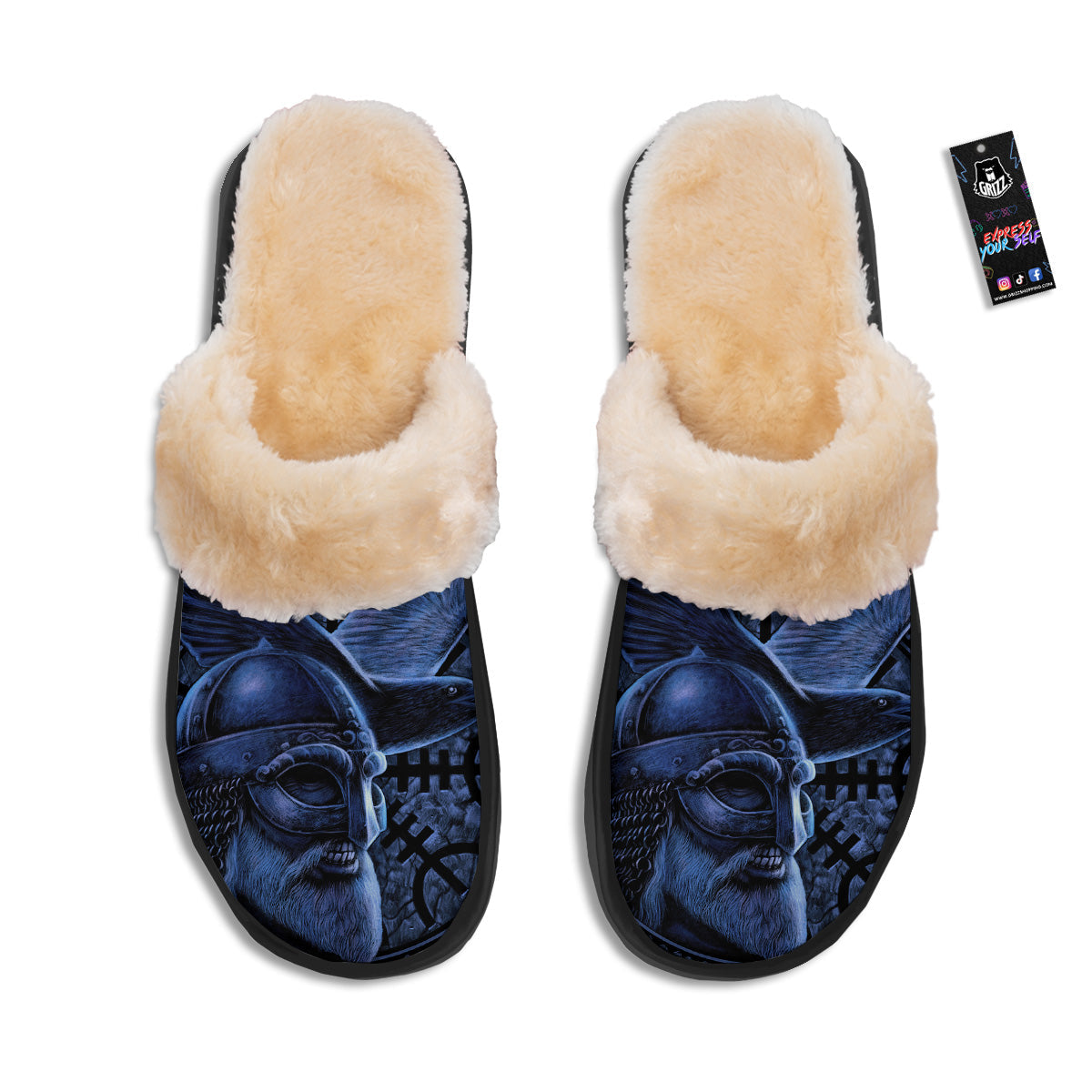 Viking God Odin And Crow Blue Print Slippers-grizzshop