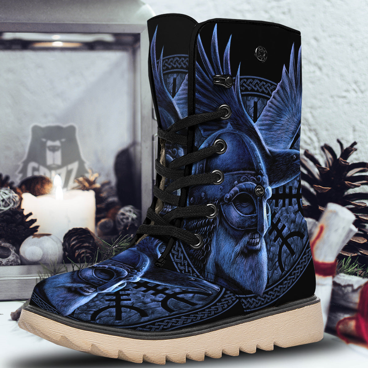 Viking God Odin And Crow Blue Print Snow Boots-grizzshop