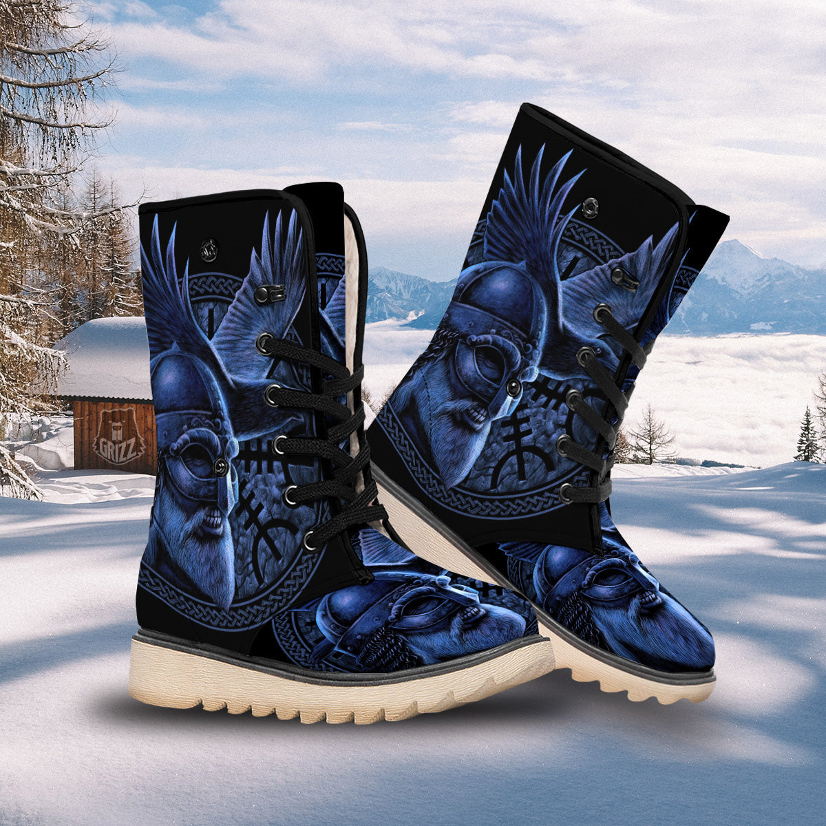 Viking God Odin And Crow Blue Print Snow Boots-grizzshop