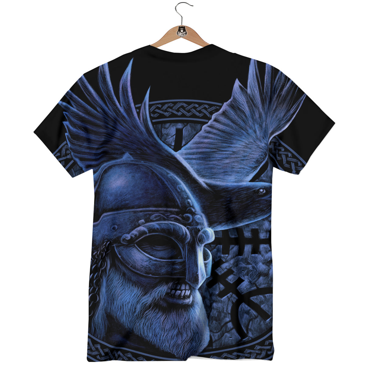Viking God Odin And Crow Blue Print T-Shirt-grizzshop