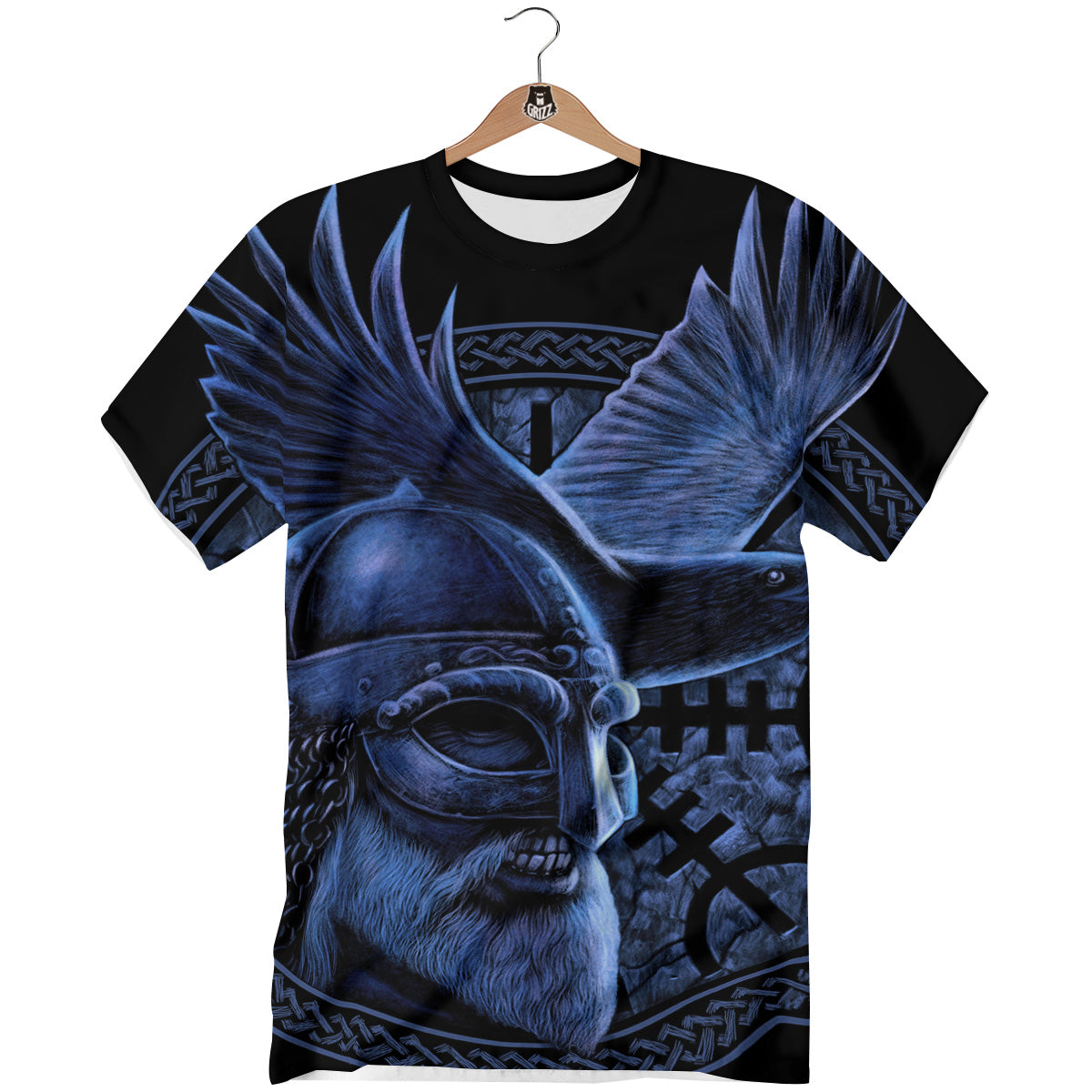 Viking God Odin And Crow Blue Print T-Shirt-grizzshop