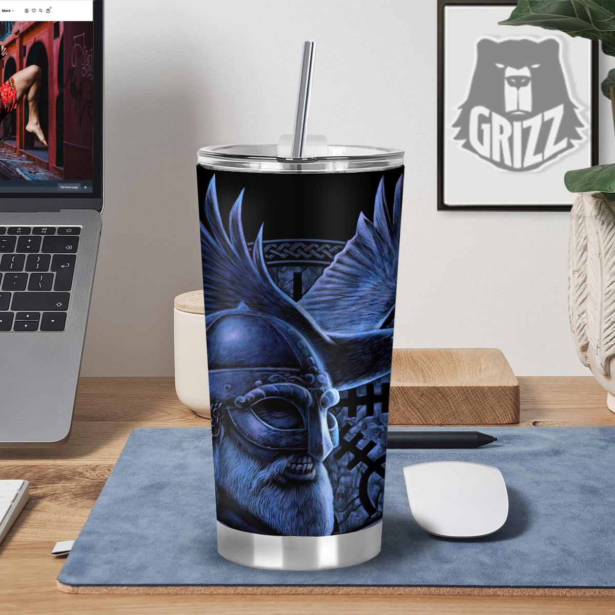 Viking God Odin And Crow Blue Print Tumbler-grizzshop