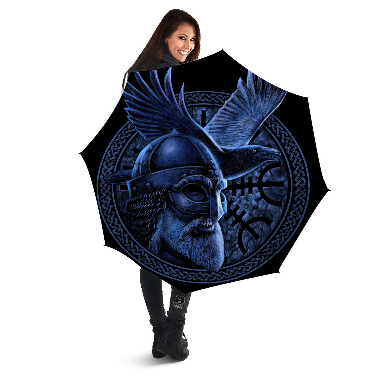 Viking God Odin And Crow Blue Print Umbrella-grizzshop