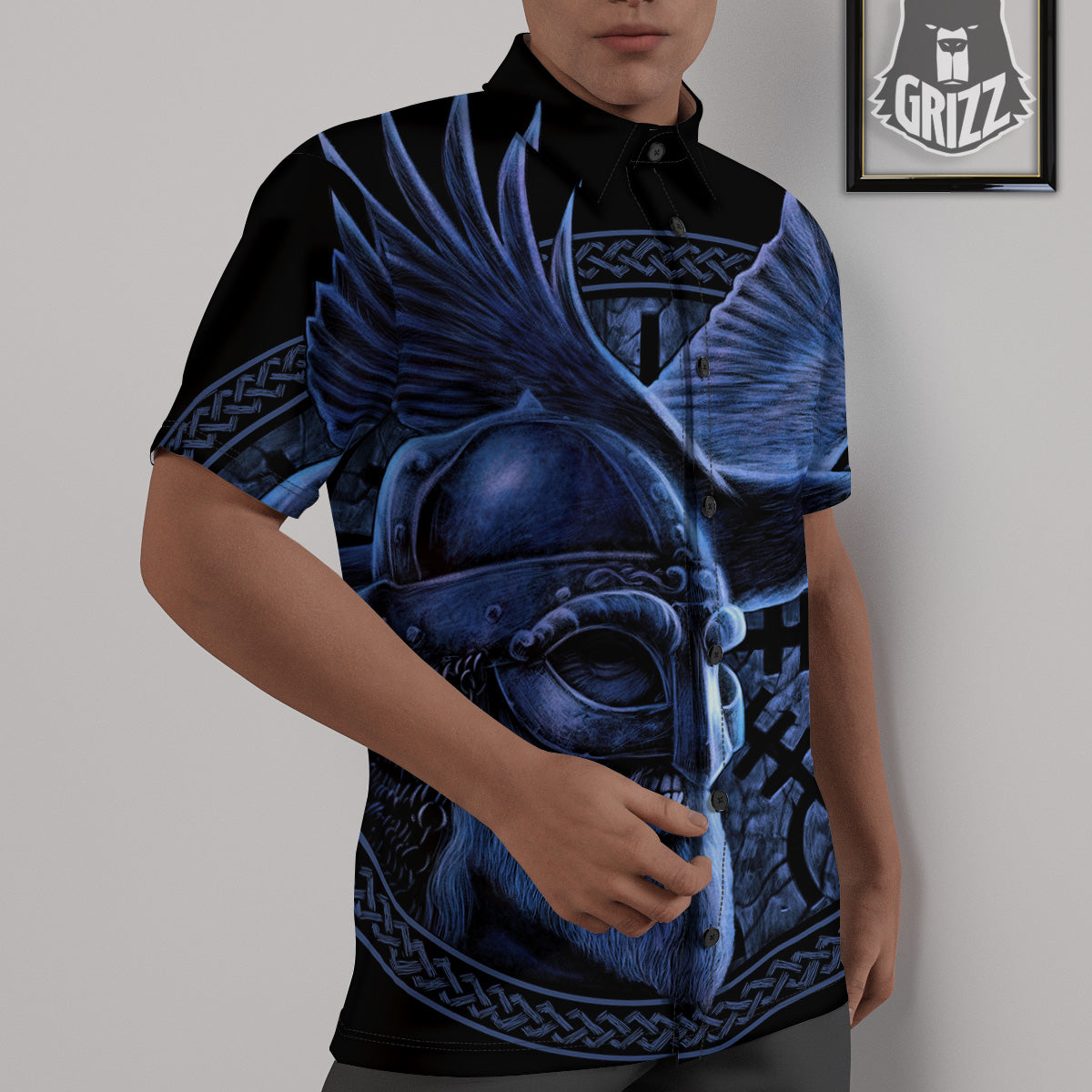 Viking God Odin And Crow Blue Print Untucked Shirts-grizzshop