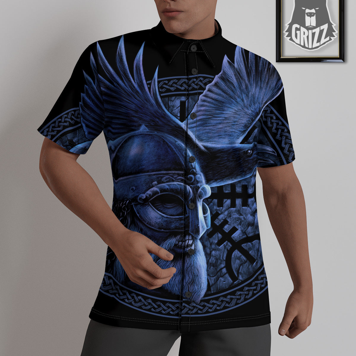 Viking God Odin And Crow Blue Print Untucked Shirts-grizzshop