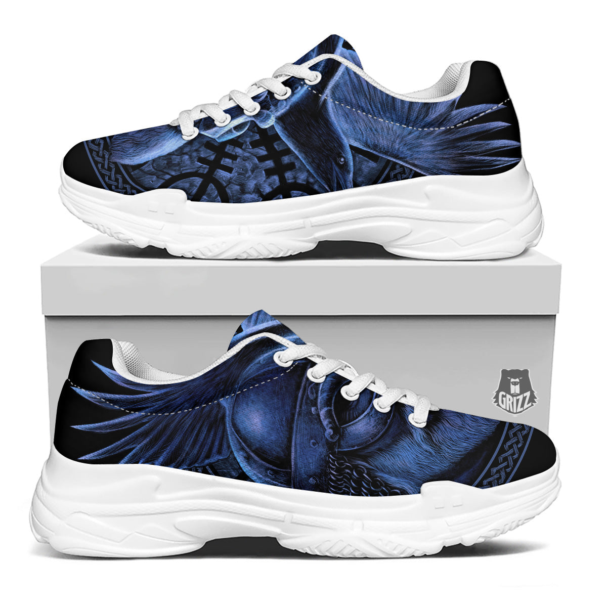 Viking God Odin And Crow Blue Print White Chunky Shoes-grizzshop