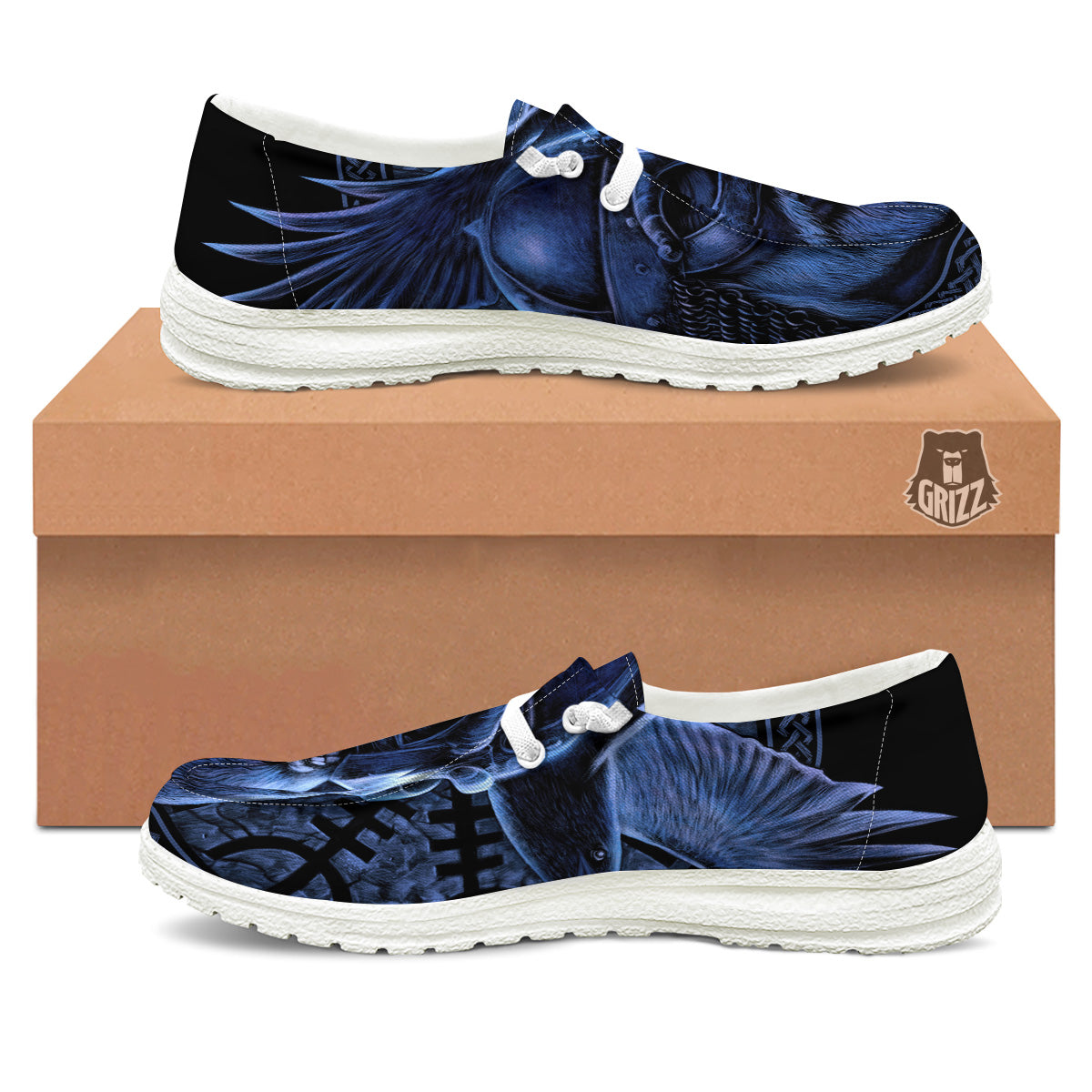 Viking God Odin And Crow Blue Print White Loafers-grizzshop