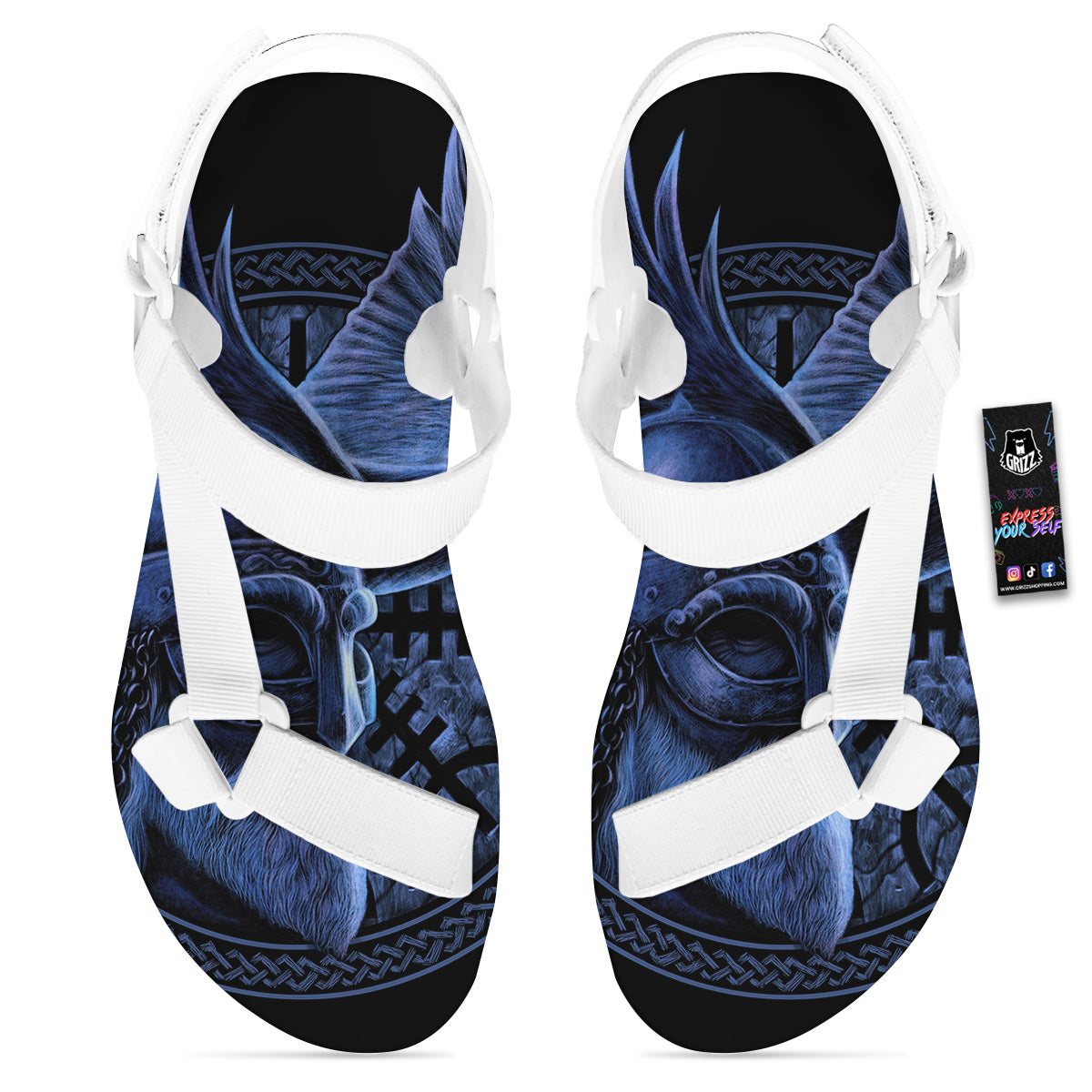 Viking God Odin And Crow Blue Print White Open Toe Sandals-grizzshop