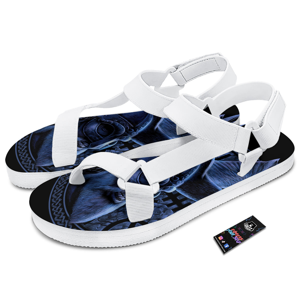 Viking God Odin And Crow Blue Print White Open Toe Sandals-grizzshop