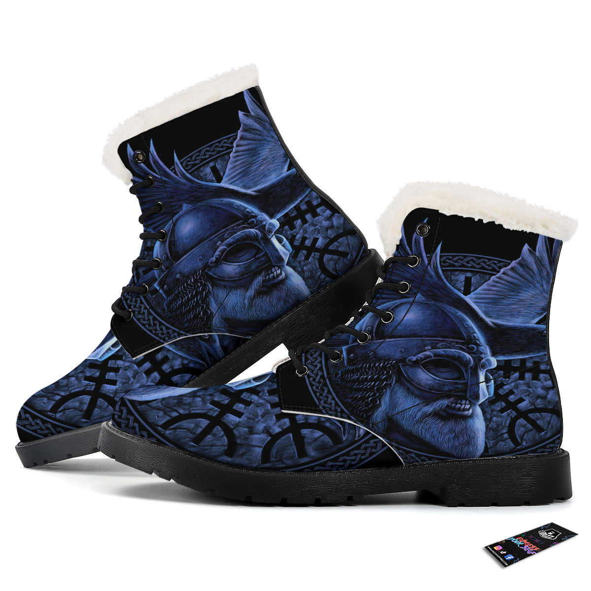 Viking God Odin And Crow Blue Print Winter Boots-grizzshop