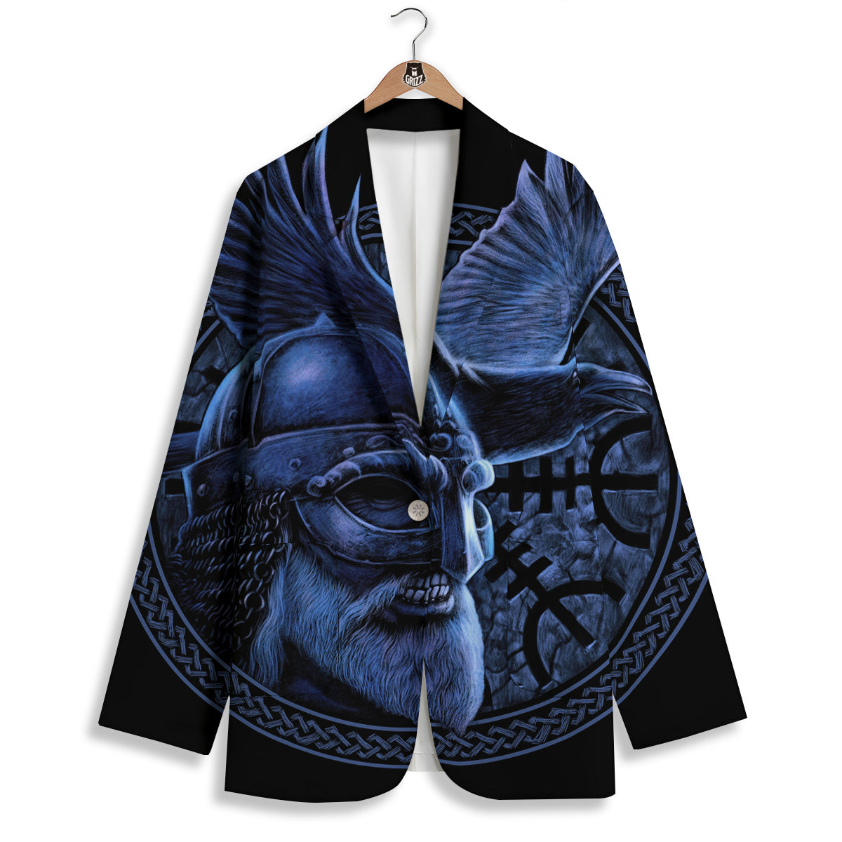 Viking God Odin And Crow Blue Print Women's Blazer-grizzshop