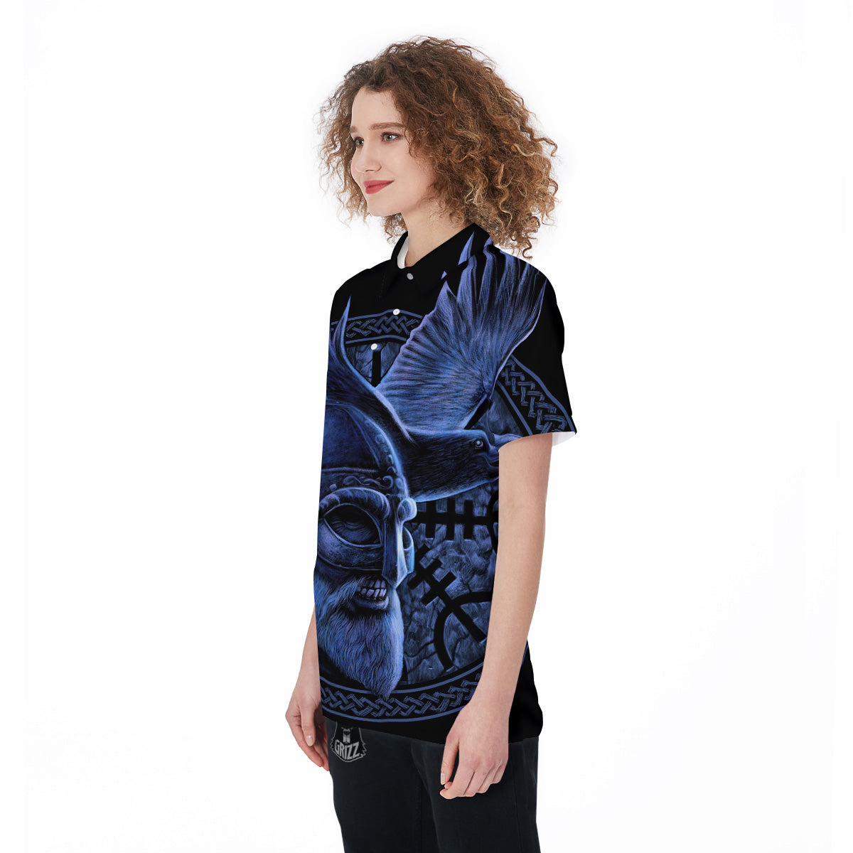 Viking God Odin And Crow Blue Print Women's Golf Shirts-grizzshop