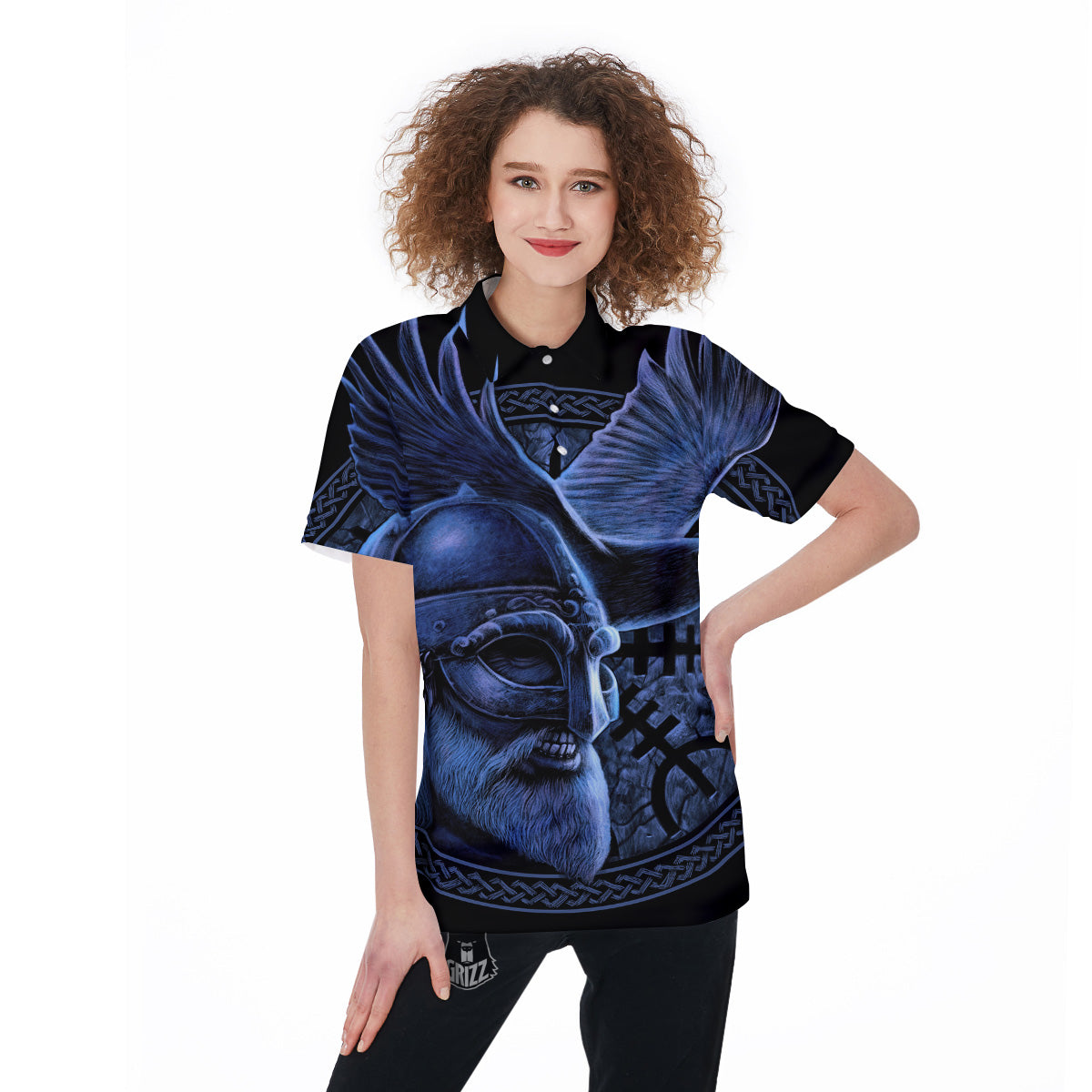 Viking God Odin And Crow Blue Print Women's Golf Shirts-grizzshop