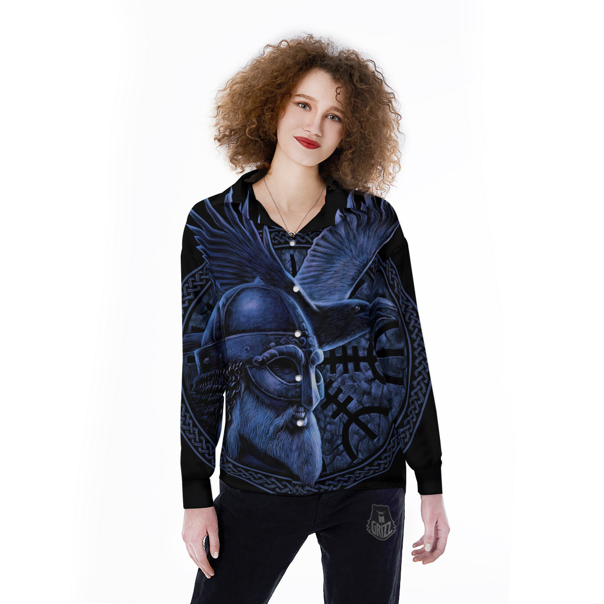 Viking God Odin And Crow Blue Print Women's Long Sleeve Shirts-grizzshop