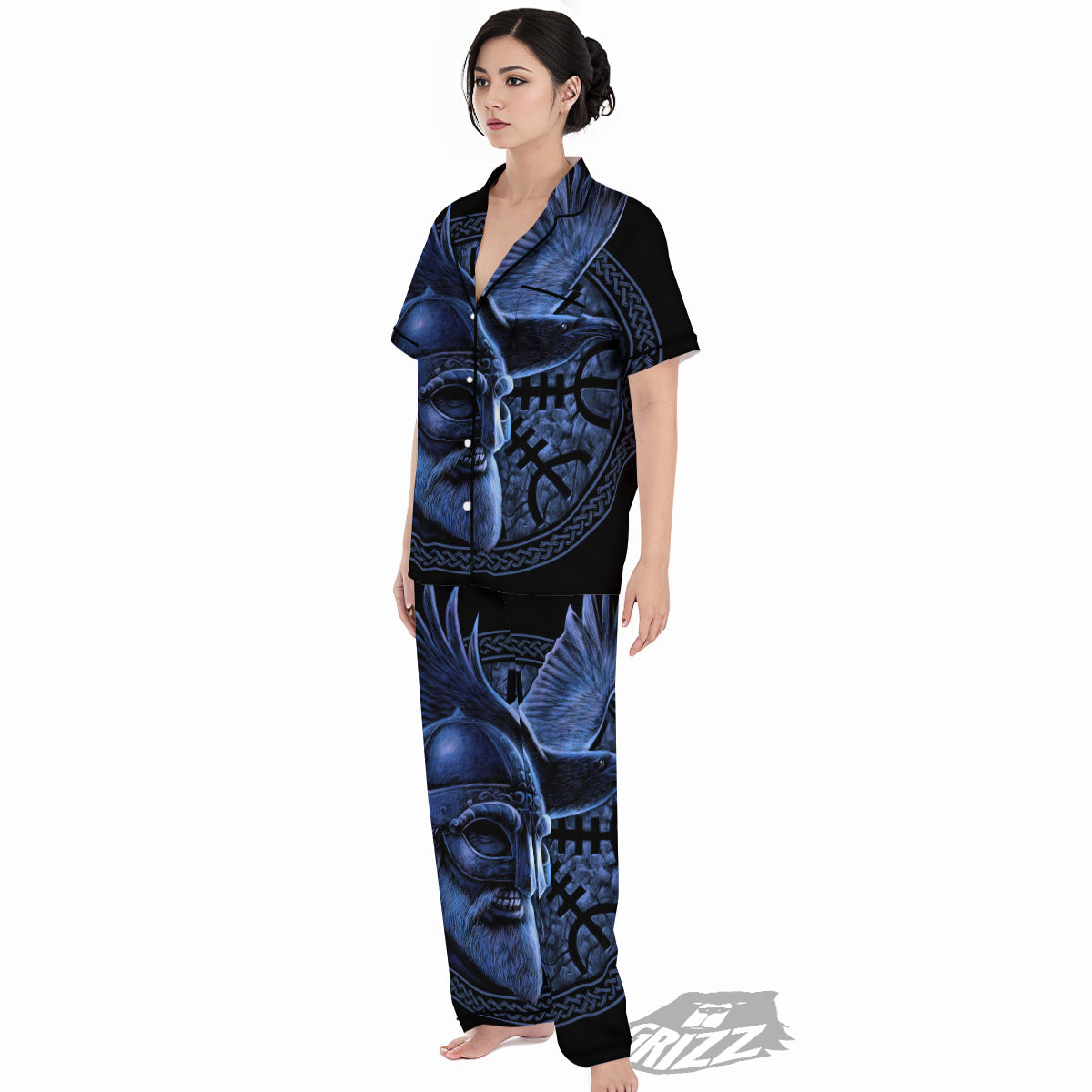 Viking God Odin And Crow Blue Print Women's Pajamas Set-grizzshop
