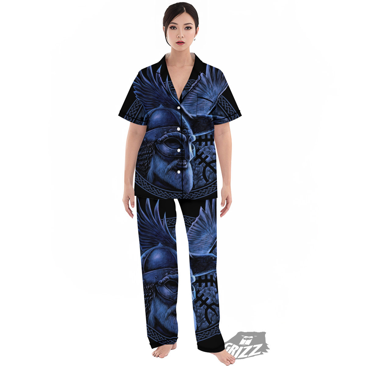Viking God Odin And Crow Blue Print Women's Pajamas Set-grizzshop
