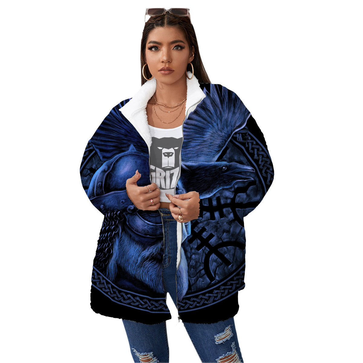 Viking God Odin And Crow Blue Print Women's Sherpa Jacket-grizzshop