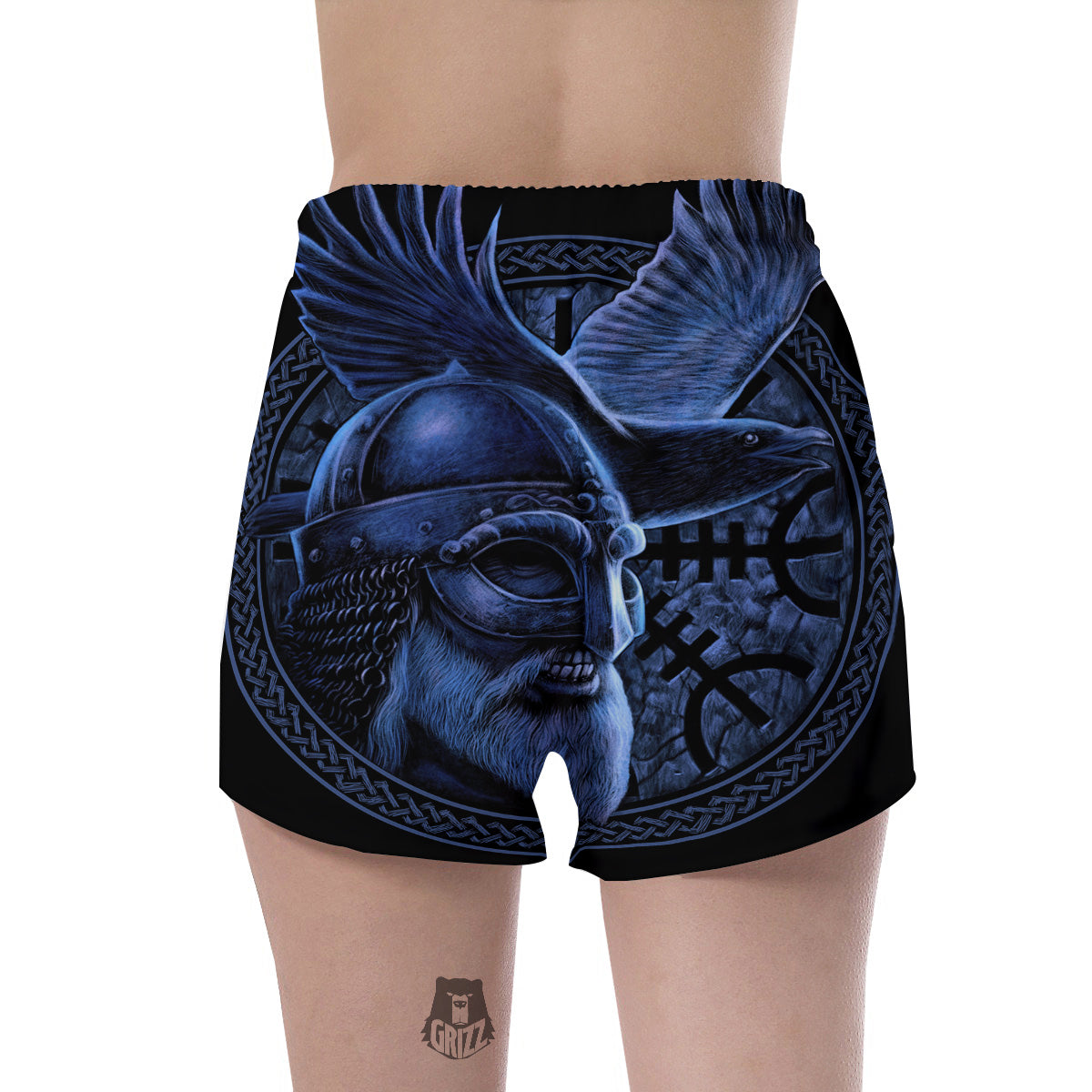 Viking God Odin And Crow Blue Print Women's Shorts-grizzshop